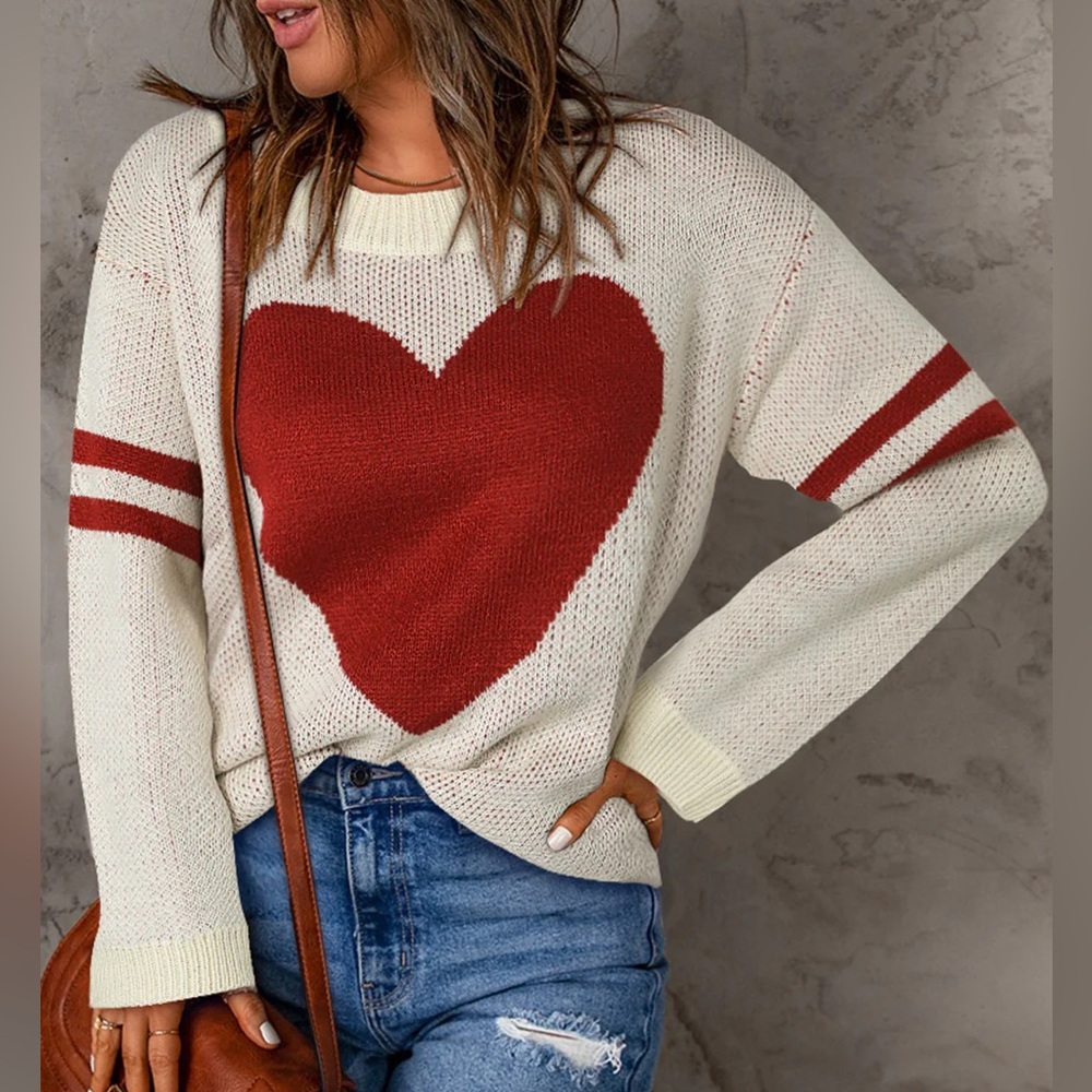 NWT Red Heart Striped Sleeve Wide Fit Sweater in Ivory
